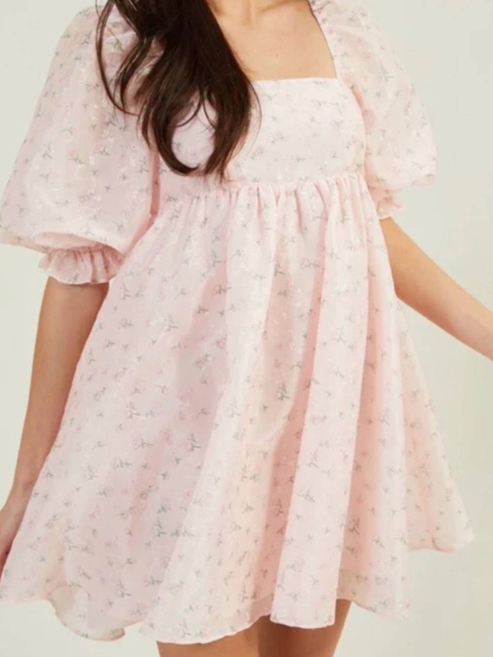 Altar'd State Pale Pink Floral Square-Neck Puff Sleeve Mini Dress